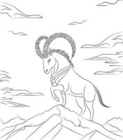 A hand drawn line art illustration of a markhor standing proudly on a mountain peak. vector