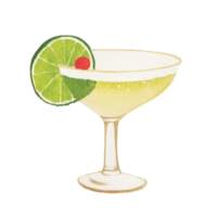 Watercolor cocktail glass with lime and cherry garnish png