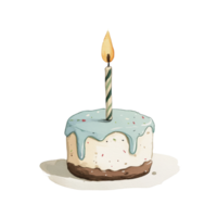 Single lit candle on frosted birthday cake with blue icing png