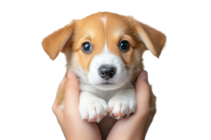 Adorable puppy held in hands displaying innocent expression png