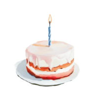 Single tier frosted birthday cake with lit candle on plate png
