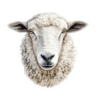 Close-up of a sheep's face with fluffy wool and alert eyes png
