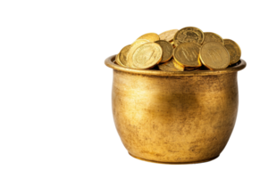 Golden coins overflowing from a brass pot filled with richness and wealth png