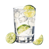 Refreshing glass of iced lime water with sliced lime wedges and ice cubes png