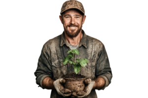 Caucasian male adult gardener holding potted plant with smile png