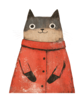 Whimsical cat in a red coat with playful expression and big eyes png