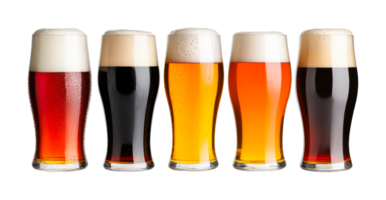 Variety of beer glasses displaying different types of brews with foam head png