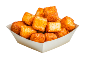 Crispy golden fried tater tots in a paper tray png