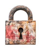 Rugged vintage padlock with rust and red paint png