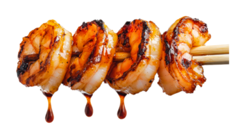 Grilled shrimp kebabs with honey glaze dripping from skewers png