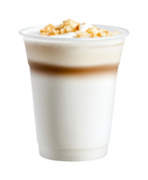 Iced latte with whipped cream and crushed cookie topping in a clear cup png