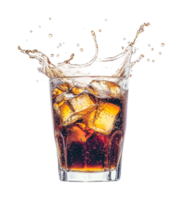 Splashing cola with ice cubes in glass png