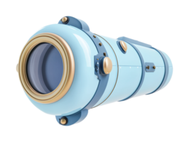 Retro futuristic blue telescope with golden detailing and circular lens png