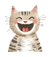 Joyful cartoon cat with striped fur and whiskers smiling widely png