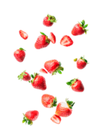 Fresh red strawberries falling isolated on black png
