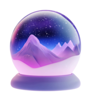 Enchanting snow globe with starry mountain scene in purple hues png