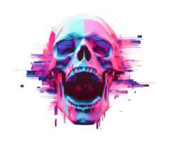 Futuristic digital art of a skull with neon glitch effect png