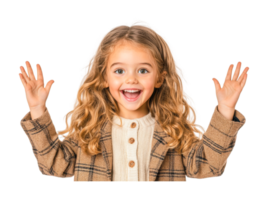 Joyful caucasian female child with curly hair smiling and raising hands png