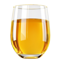 Glass of orange juice rich yellow hue, condensation forming on the surface, ready to be enjoyed as it rests on a wooden dining table. png