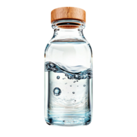 Glass bottle cork stopper containing water, reflecting light on smooth surface, showcasing clear, pure liquid, cork slightly protruding, adding natural rustic charm. png