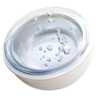 White bowl water splash and blue reflections, pristine white bowl splashes of water creating dynamic movement, and soft blue reflections dancing across the surface. png
