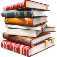 Stack of colorful books bright red cover standing neatly on a wooden shelf in perfect order, capturing vibrant hues of various authors and titles. png