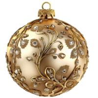 Golden Christmas ornament featuring intricate patterns, a loop on top for hanging, and an elegant shiny finish for decoration. png