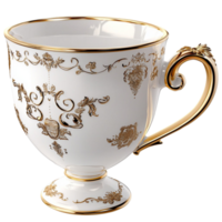 White teacup delicate gold rim, decorated floral pattern, offering an elegant and refined touch to tea service. png