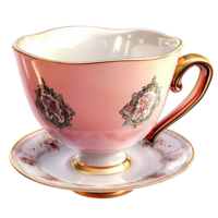 Pink Teacup and Saucer Gold Rim and Floral Pattern, An Elegant Vintage Design that Creates the Perfect Setting for Romantic Tea Time Moments, Offering a Touch of Grace and Sophistication Every Sip, png