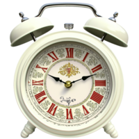 White alarm clock ornate detailing and antique design, functioning as refined timekeeping device infused elegant charm and vintage sophistication for classic, nostalgic interior aesthetics. png