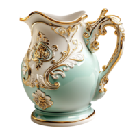 Green pitcher ornate design, an elegant and sophisticated beverage service item, exuding luxury and charm, perfect for formal dining settings and adding refined beauty to hosting experiences. png
