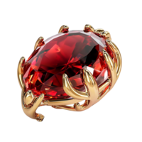 Large ruby gemstone ring held by golden clawshaped setting dramatic design resembling treasure item from fantasy universe powerful symbolic significance png