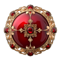 Red Ruby Brooch Gold Setting Sparkling Gems Circular Design Luxurious Vintage Jewelry, Red Ruby Brooch Set in Gold Sparkling Gems, Featuring Circular Design and Luxurious Vintage Jewelry Elegance png