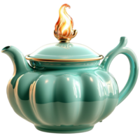 Teal Teapot Flaming Spout and Magical Glow, Designed Whimsical Elegance for an Enchanted Tea Party, Featuring Unique and Eyecatching Details to Elevate Your Afternoon Tea Experience, png
