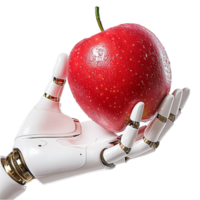 Robotic Hand Holding a Red Apple Showcasing Futuristic Technology and Modern Design Sleek Metallic Finish Representing Innovation,ificial Intelligence, and Symbolic Meaning png