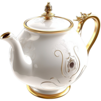 White Porcelain Teapot Gold Handle in Elegant Vintage Style, Offering Luxurious Tableware Appeal and a Timeless Essential Piece for Sophisticated Tea Moments and Decorative Dining Presentations png