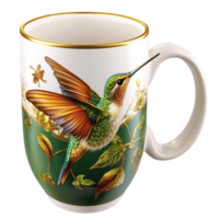 White Ceramic Mug Hummingbird Pattern Featuring Elegant Design and Cozy Appeal, Perfect for Whimsical Drinkware Collections and a Charming Essential Addition to Any Table or Kitchen Setting png