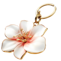 White Flower Keychain Gold Frame, Elegant Design Whimsical Charm, Luxurious Accessory for Your Keys or Bag, Adding a Touch of Sophistication and Beauty to Everyday Items. png