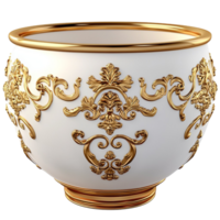 White porcelain bowl gold patterns and intricate design, showcasing luxurious tableware and elegant decor, ideal for sophisticated settings and timeless beauty on any refined dining table. png