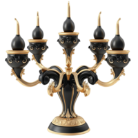 Black Candelabra Gold Accents and Intricate Design, An Elegant Vintage Table Centerpiece That Adds a Touch of Royalty and Luxury to Any Setting, Perfect for Candlelit Dinners or Grand Occasions, png