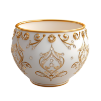 White porcelain bowl featuring gold patterns and intricate design, exuding luxurious tableware appeal and elegant decor aesthetics for timeless style and refined culinary presentation. png