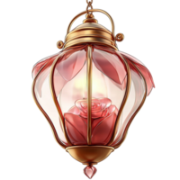 Pink glass lantern enclosed in gold frame soft glow and intricate design, an elegant decor item adding vintage flair and whimsical ambiance to intimate or romantic settings. png