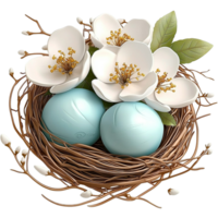 Wicker Nest Filled Pastel Eggs and Natural Texture Embracing Rustic Design Whimsical Decor and Easter Charm as a Playful and Seasonal Centerpiece png