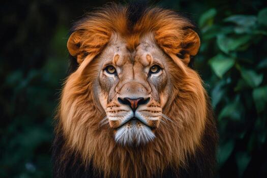 Majestic lion in dense forest staring intently at the camera photo