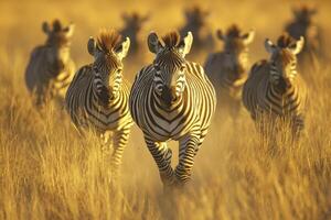 Group of zebras running through golden grasslands at sunset photo