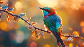 Vibrant rainbow bee-eater perched on branch at sunset with bokeh background photo