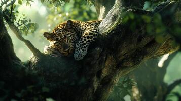 Leopard resting on tree branch in lush green forest photo