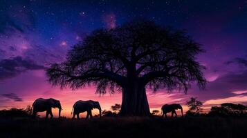 Majestic elephants and baobab tree silhouetted against a vibrant sunset sky photo