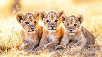 Three adorable lion cubs in golden light on african plains photo