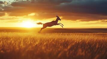 Graceful antelope leaping in golden sunset over grassy plains photo
